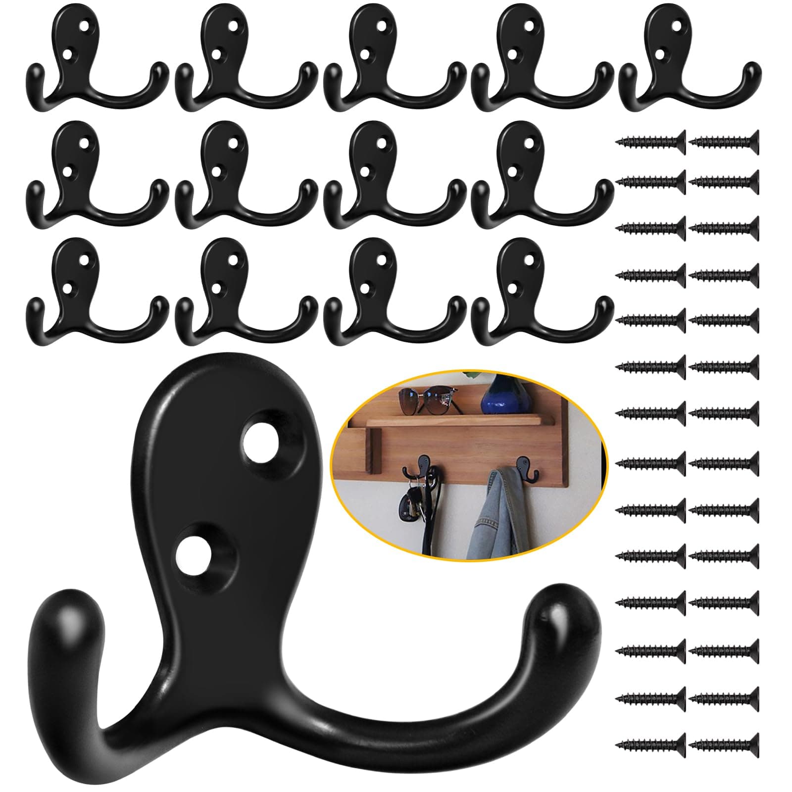 Heavy Duty 14 Pack Double Prong Coat Hooks for Hanging Towel, Coat, Bag, Hat, Cup, Key
| No Rust Black Metal Wall Mounted Coat Hooks with 28 Screws for Heavy Duty Use
| 14 Pack Coat Hooks for Hanging Towel, Coat, Bag, Hat, Cup, Key - Wall Mounted wi