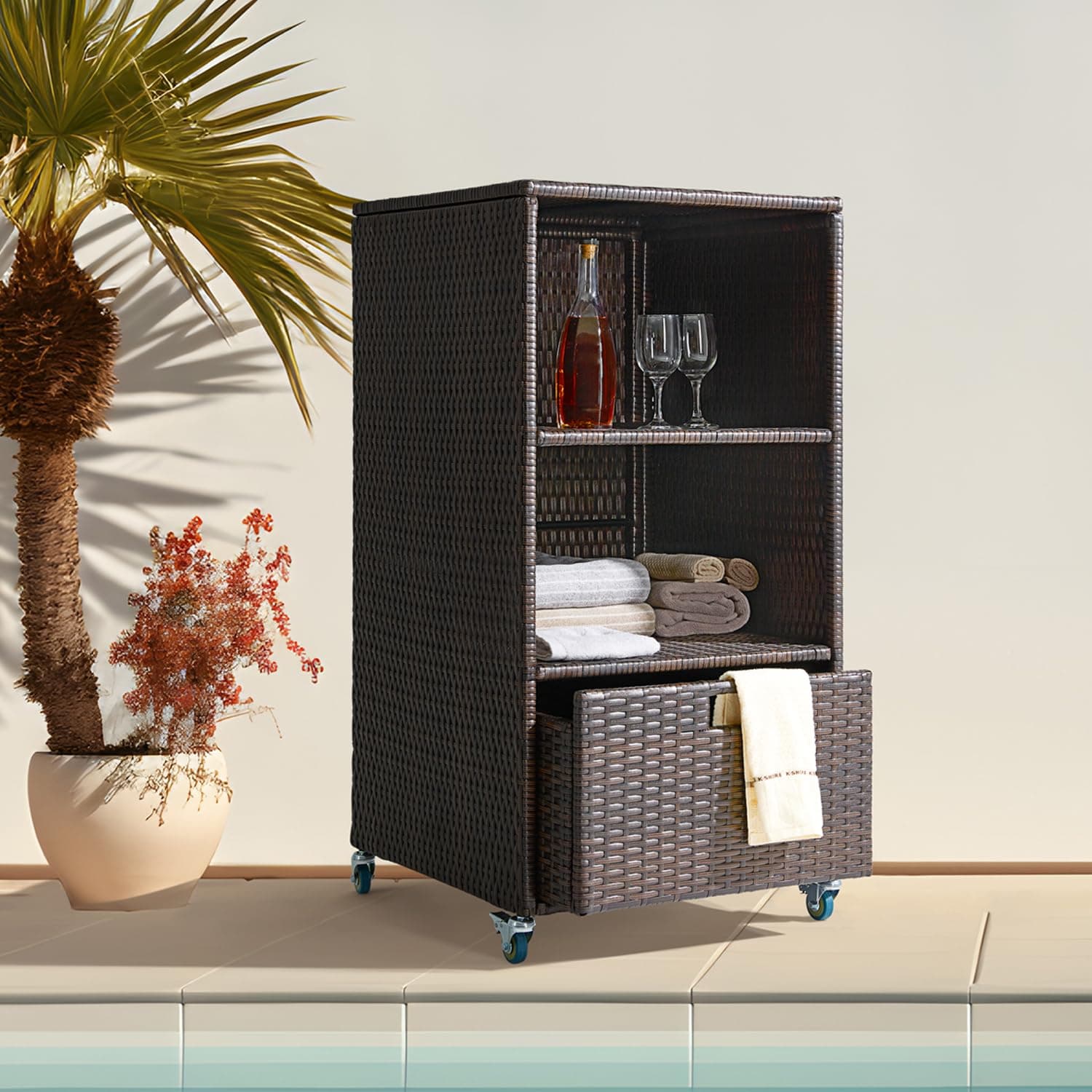 Outdoor Pool Towel Valet with Storage & Wheels, Brown