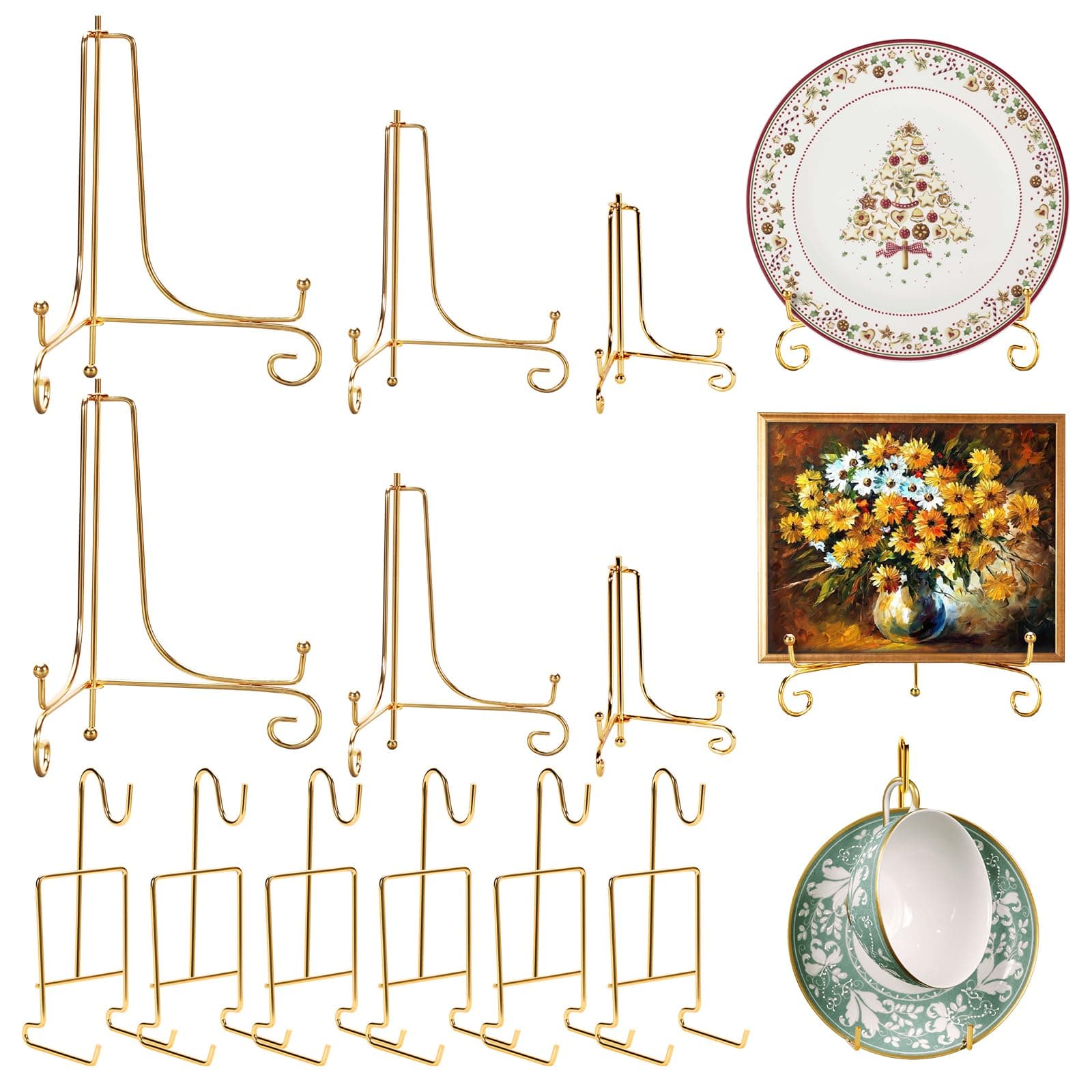 3 Size Gold Plate Stands 6pcs for Display Plates, Cup & Saucer, Picture Frames, Tableware Organizer