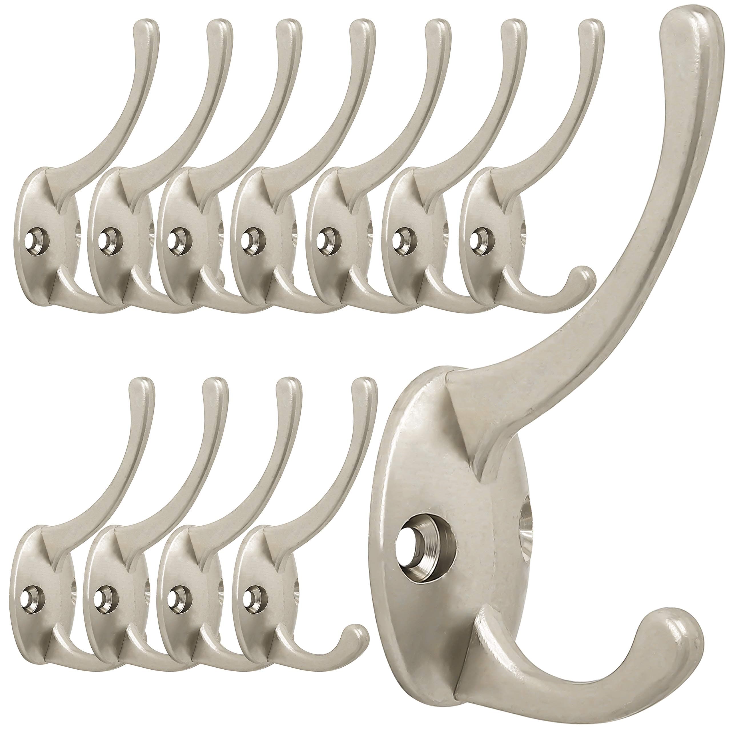 12 Pack Silver Coat Hooks with Screws for Wall Mounting - Retro Double Utility Hooks for Coats, Scarves, Bags, Towels, Keys, Hats