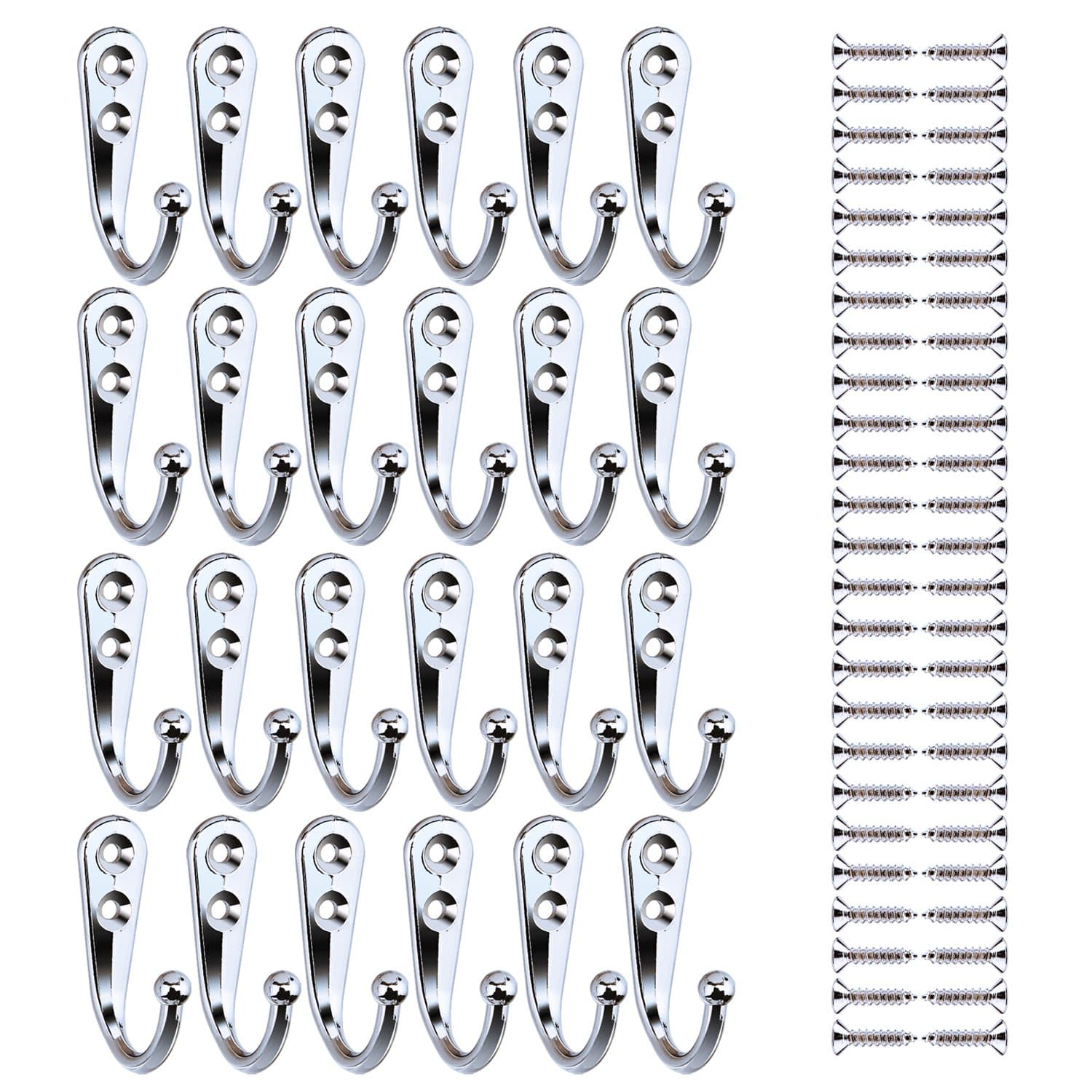 Silvery 24-Piece Wall Mounted Robe Hook with 50 Screws