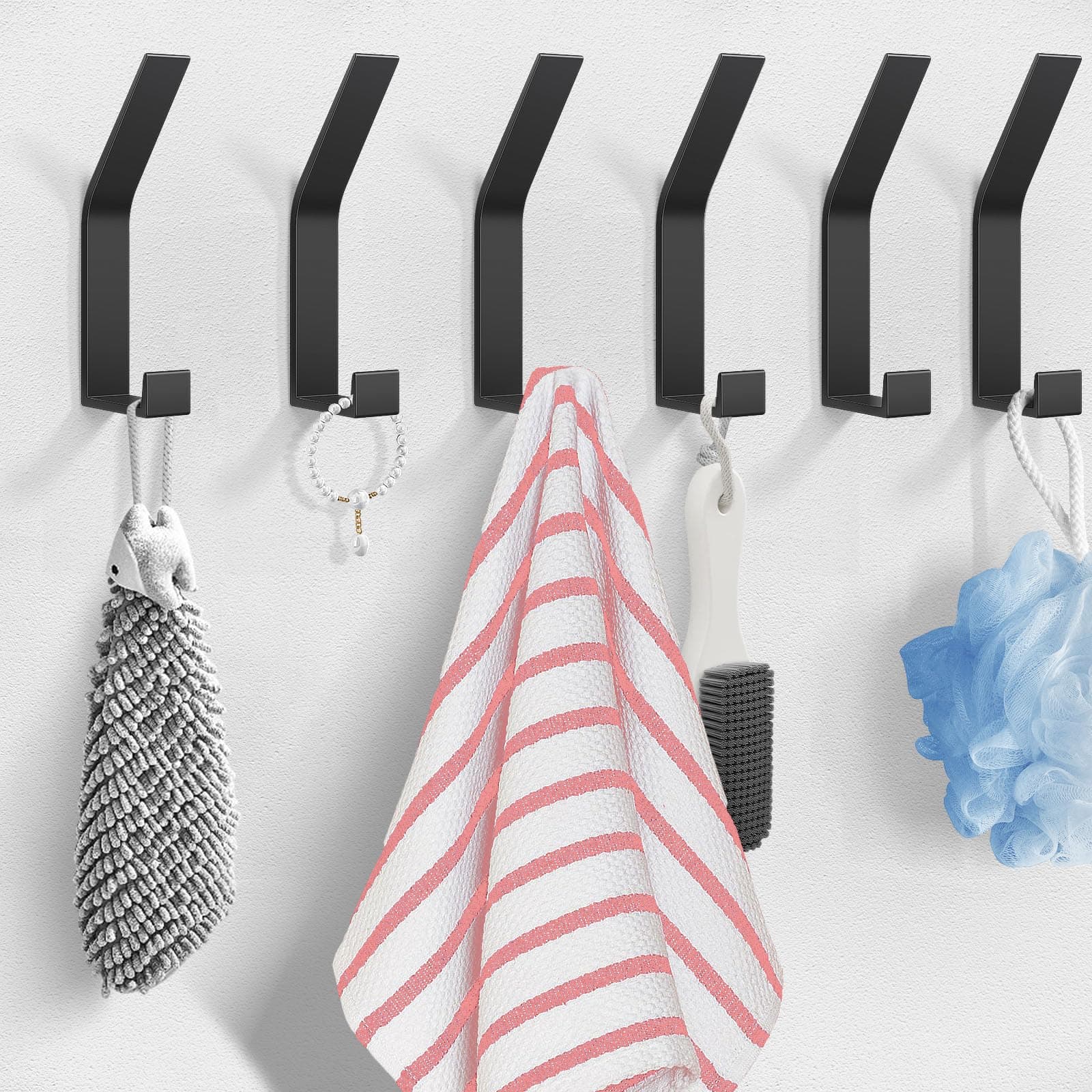 Heavy Duty Black Wall Hooks - 6 Pack Coat Rack with Towel Hooks