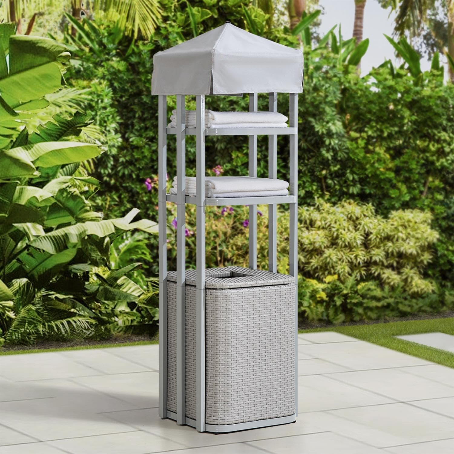 Sunjoy Aluminum Frame Pool Towel Valet with 2-Tier Shelves & Large Wicker Storage Basket, Grey