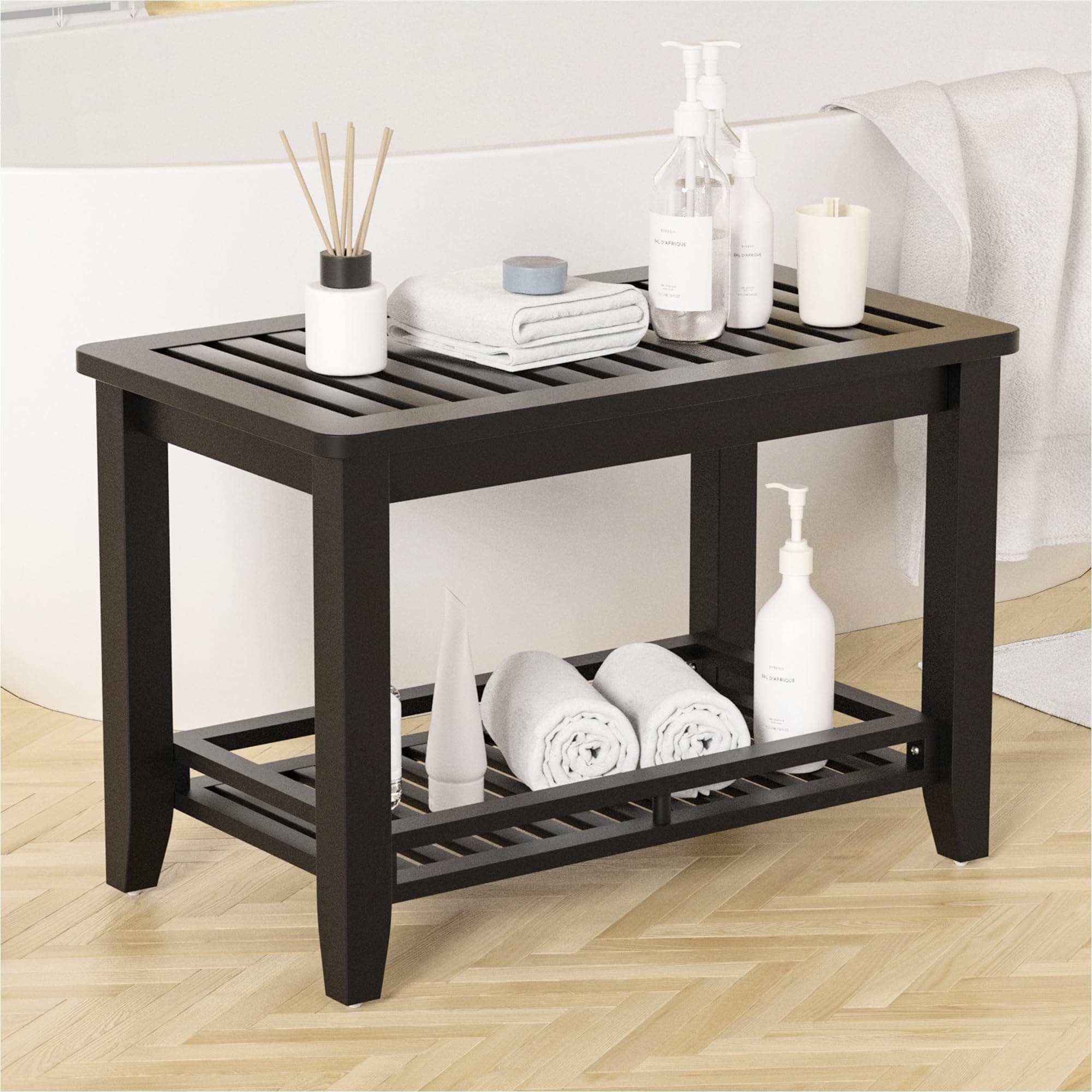 Forevich Bamboo Shower Bench Stool with Storage Shelf Black