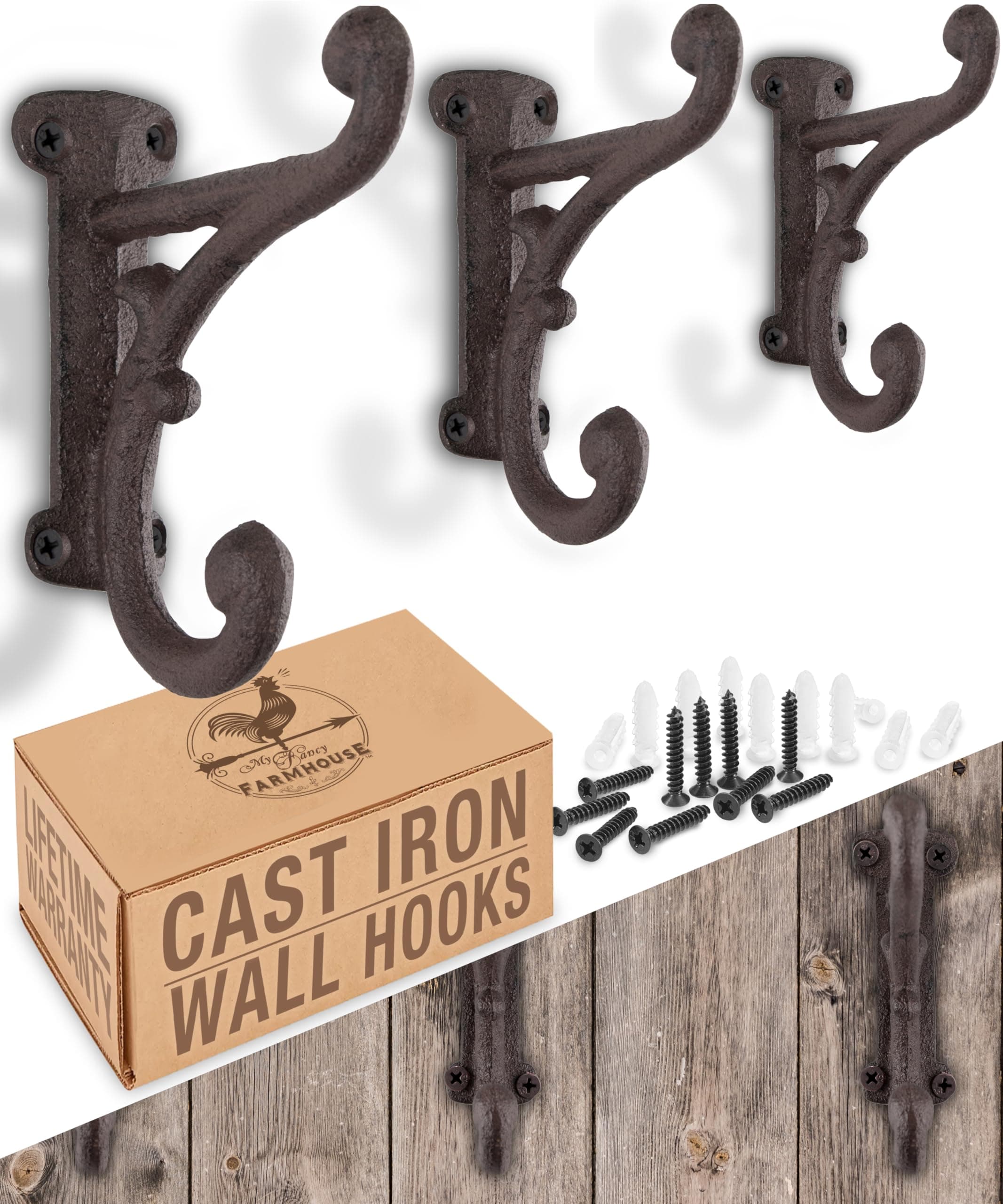 Rustic Dark Brown Cast Iron Coat Hooks (3 Pack)
