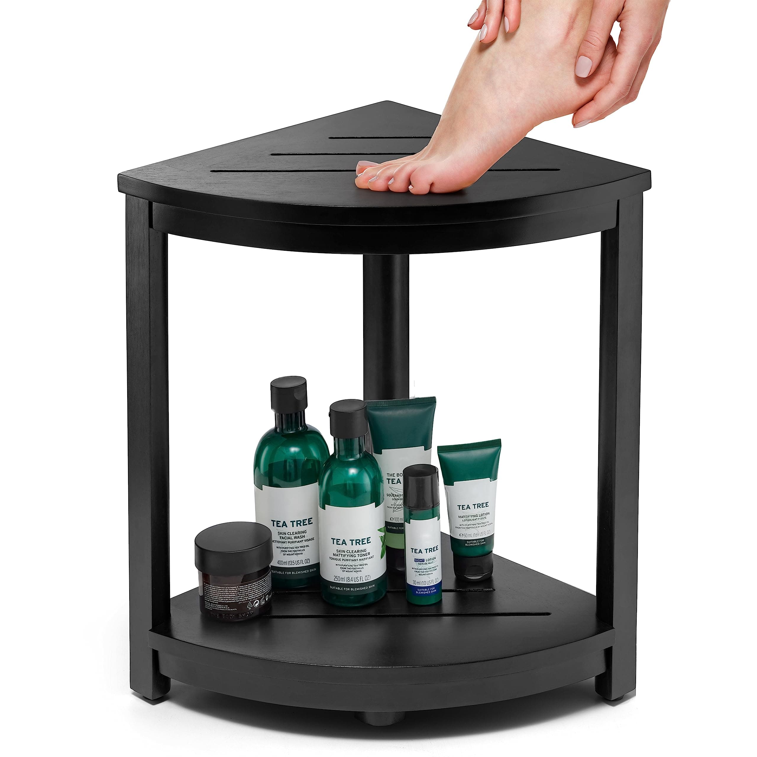 Tinamo Black Wood Corner Shower Bench with Storage Shelf - Bath Step for Small Spaces