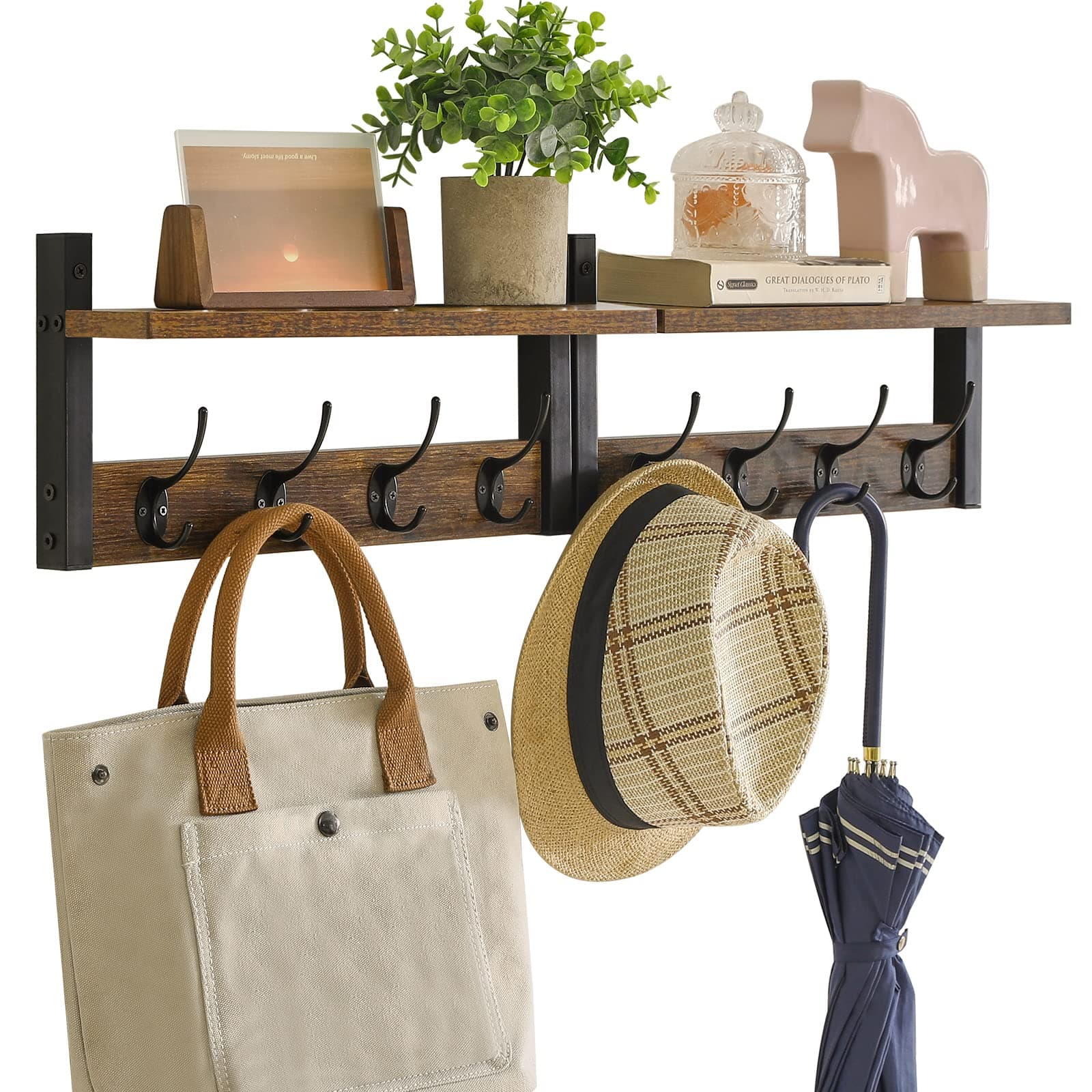 Rustic Brown Wall Mounted Coat Rack with 8 Hooks and Shelf UHWS001H-2