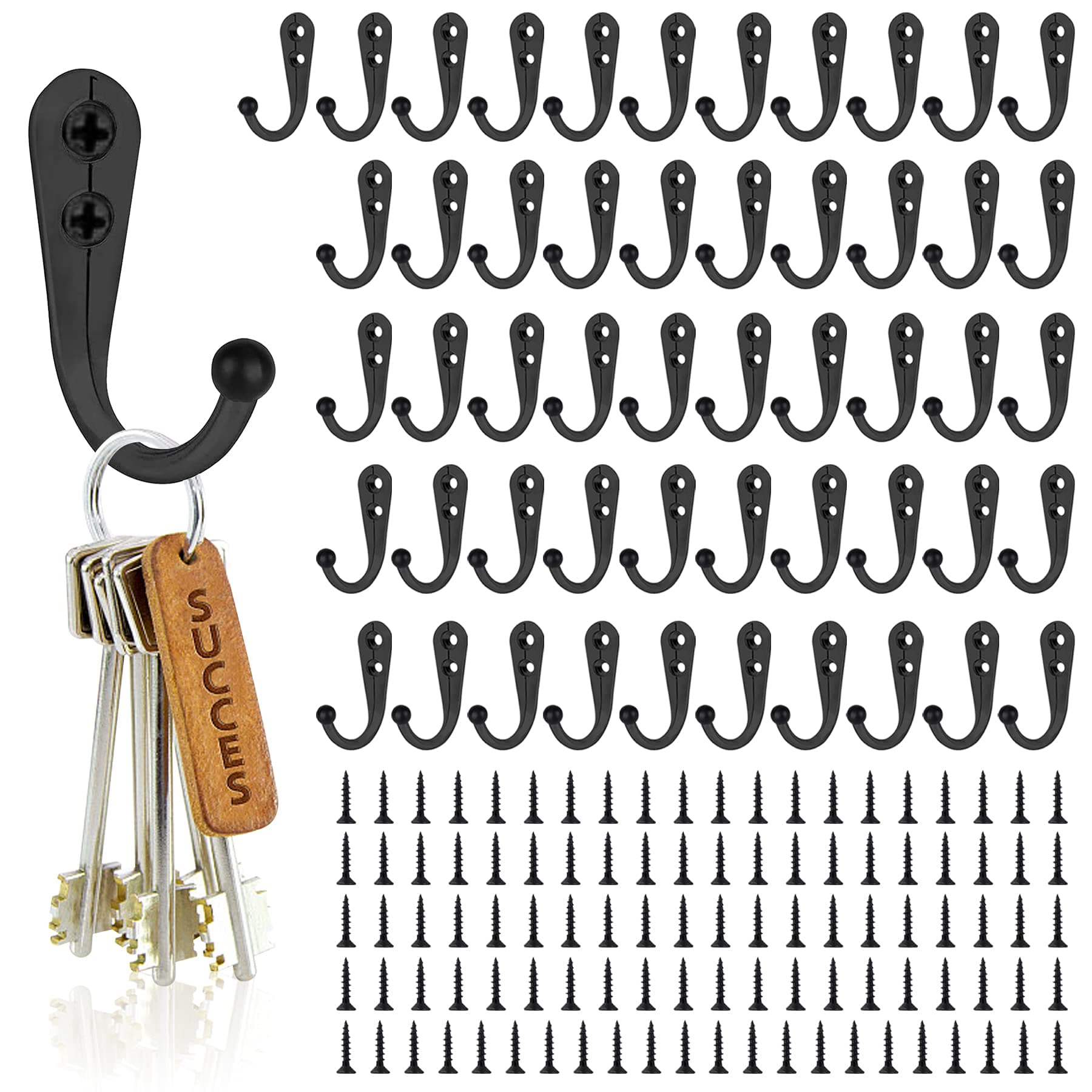 52-Pack Black Farmhouse Coat Hooks with Screws, Rustic Wall Mounted Organizer