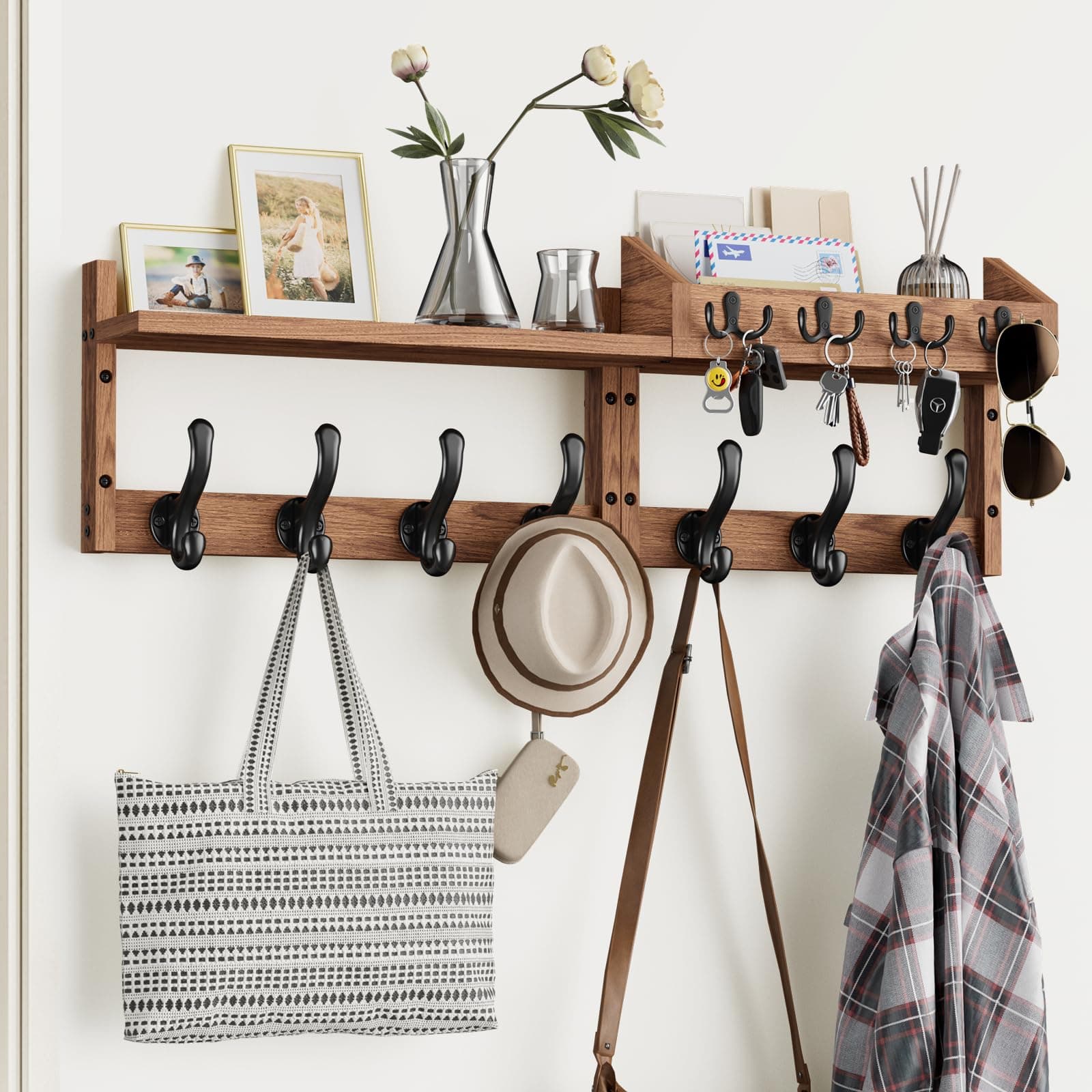 Tatub 29" Wall Mount Coat Rack with Shelf & 7 Hooks & 4 Key Hangers, Wood Organizer for Living Room, Bedroom, Bathroom