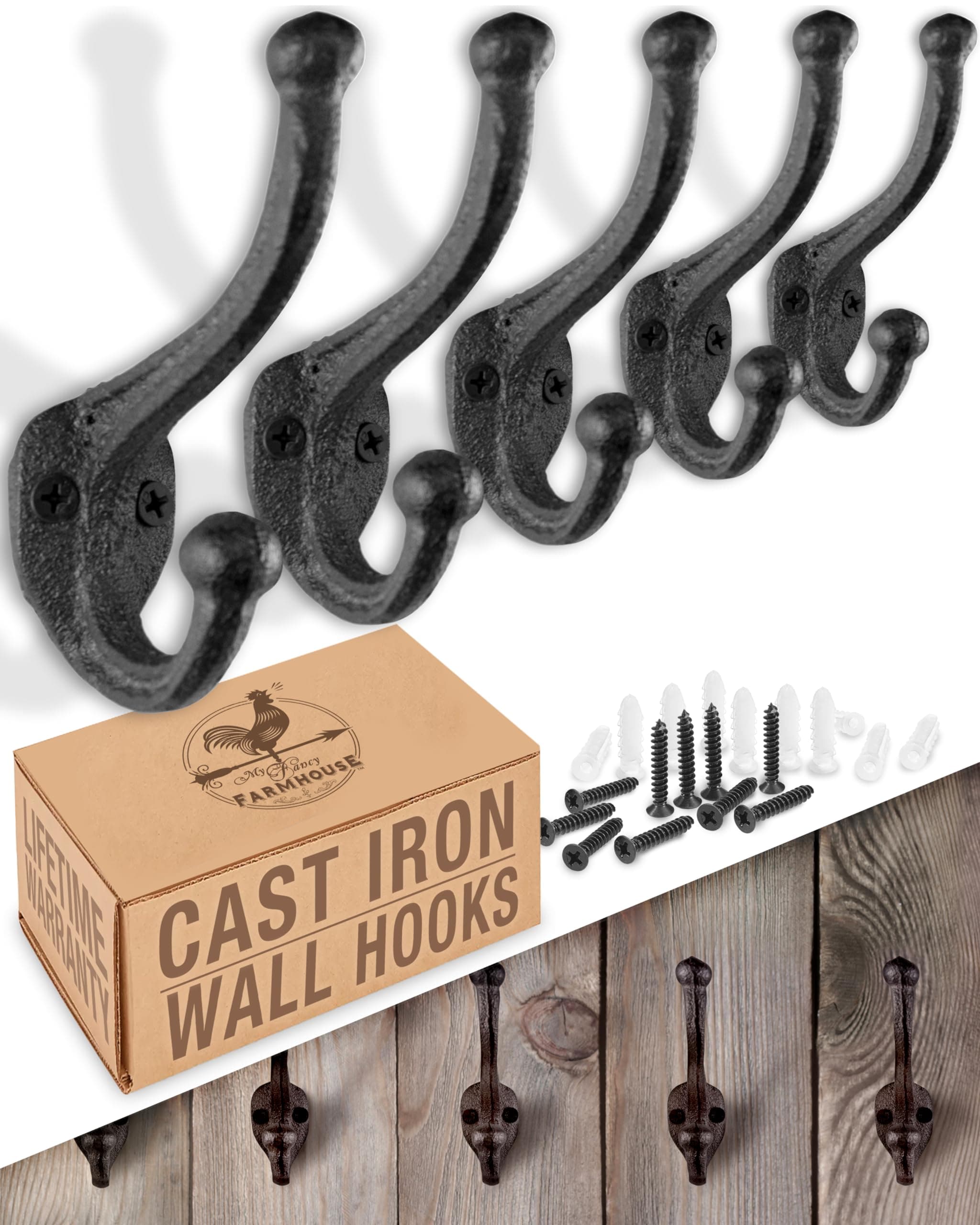 Rustic Antique Black Cast Iron Coat Hooks (5 Pack)