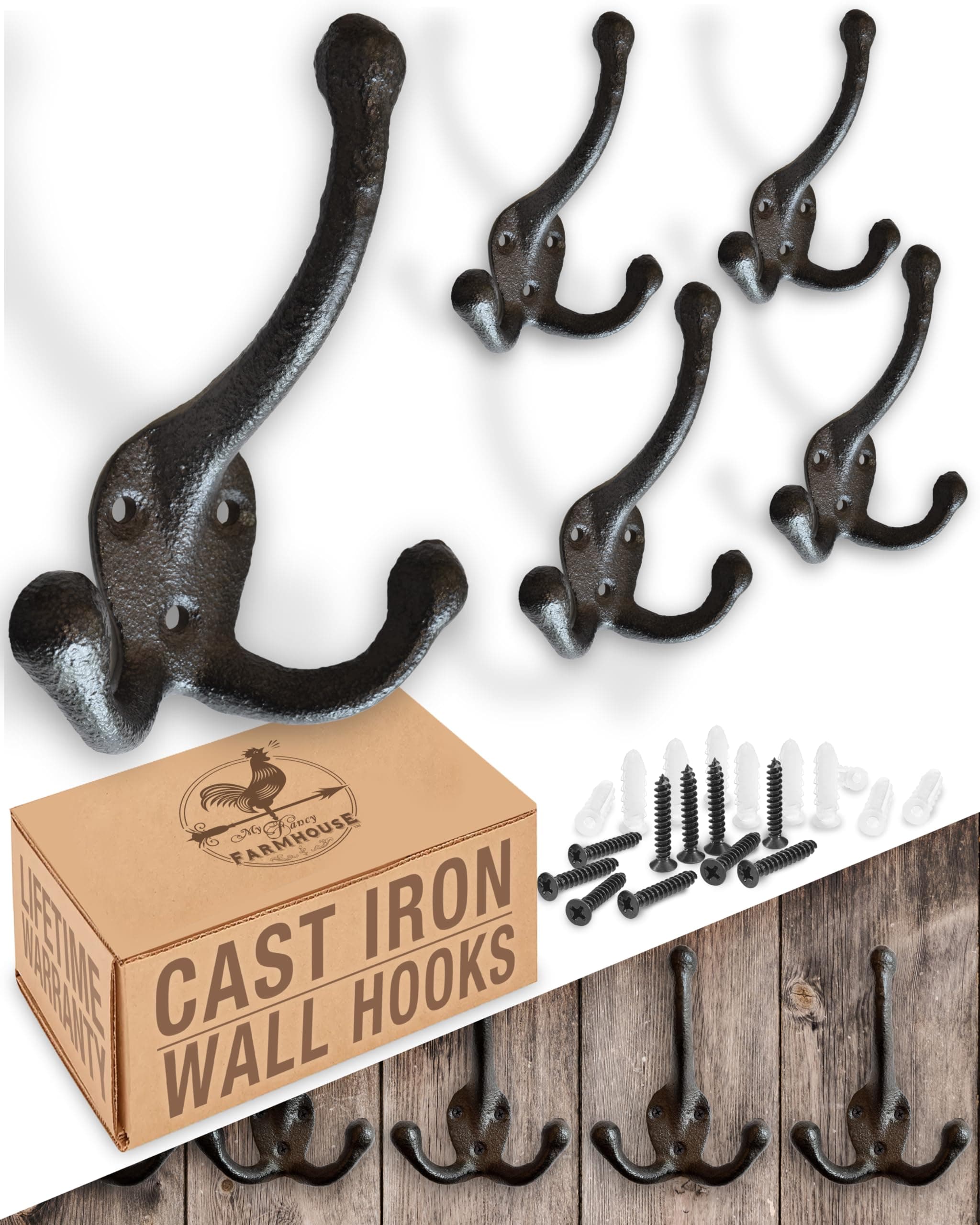 Rustic Black Cast Iron Coat Hooks (5 Pack) - Farmhouse Decor Tri Leg Hooks