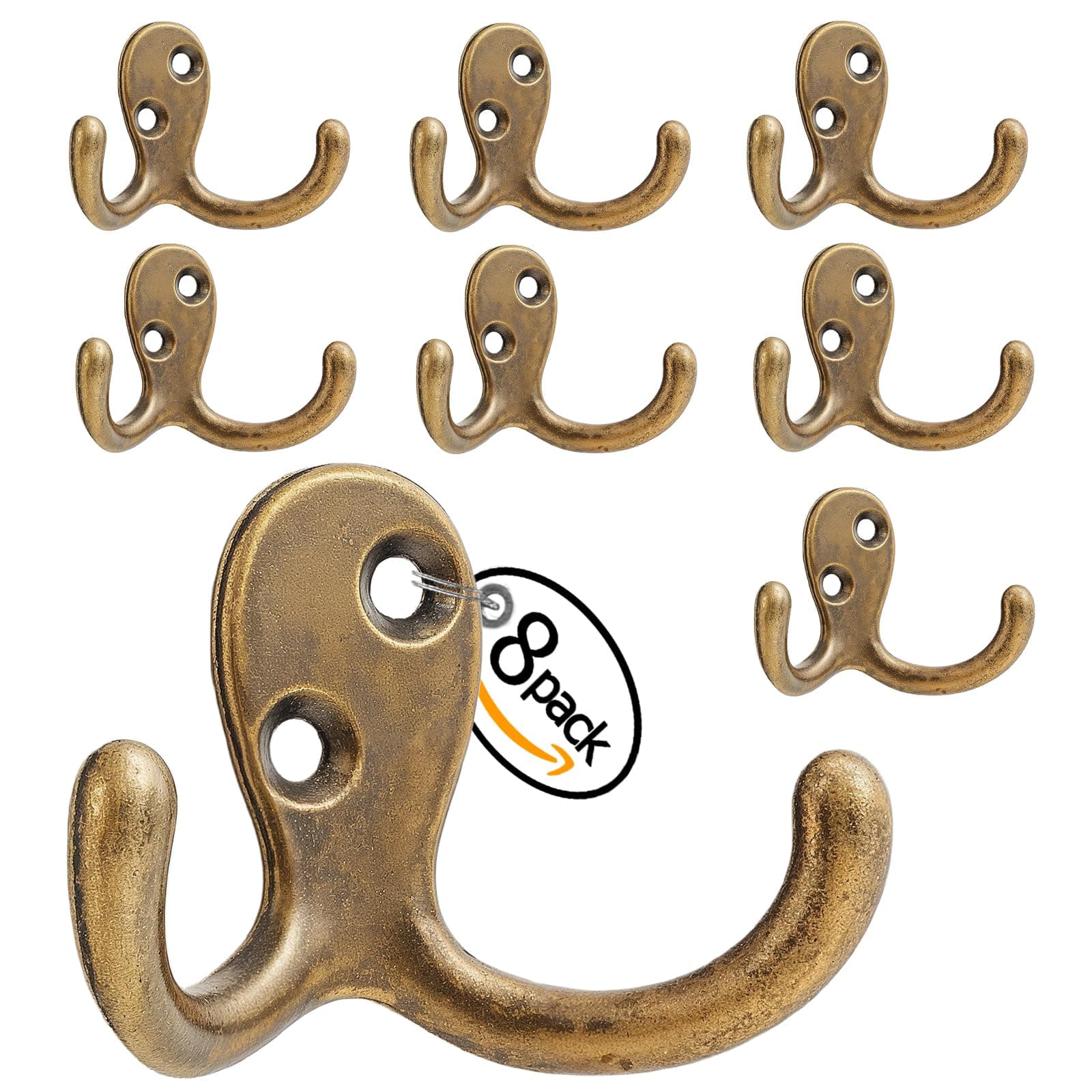 Bronze Double Prong Coat Hooks - 8 Pack, Wall Mounted, Heavy-Duty for Living Room & More