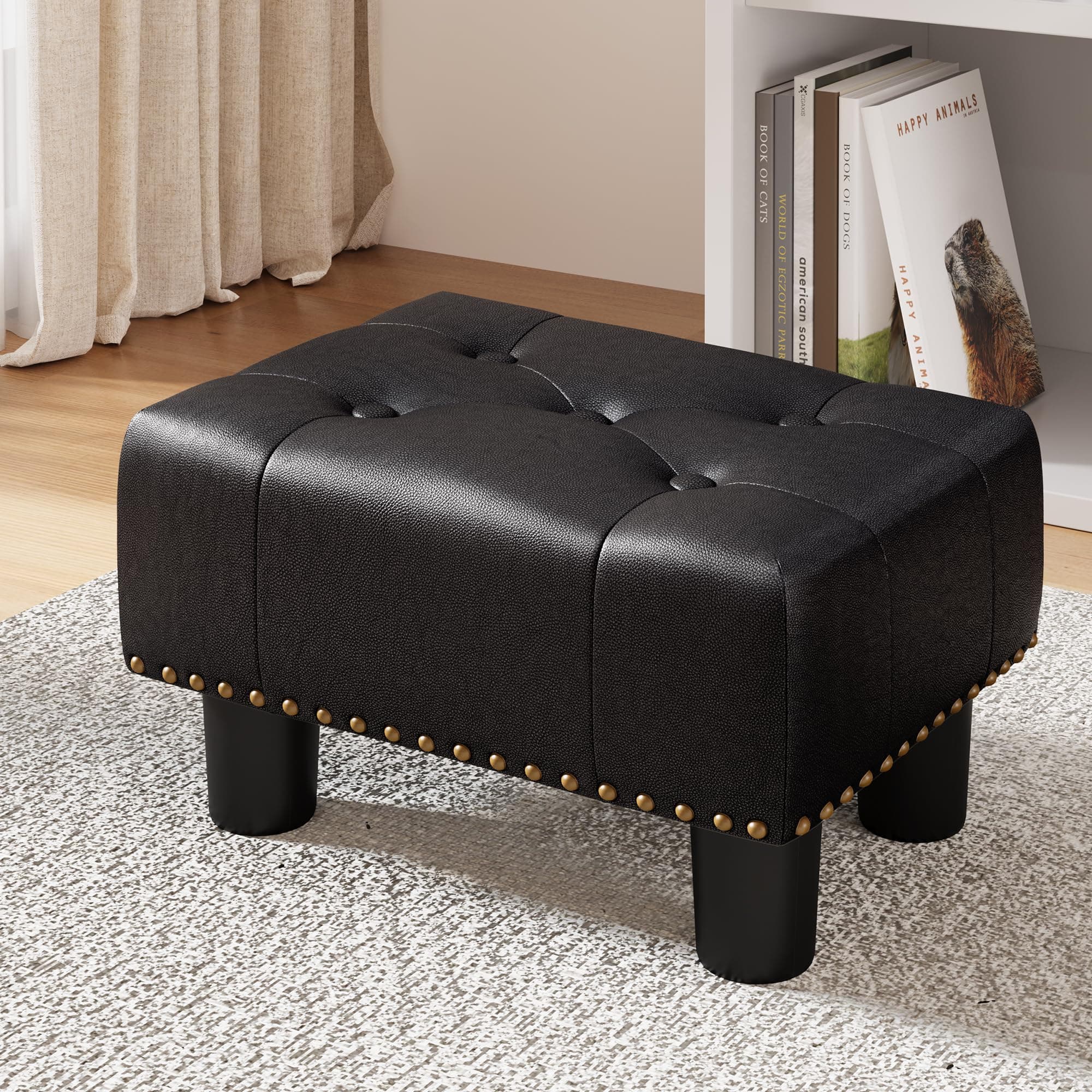 LUE BONA Black Rivet Faux Leather Foot Stool, 9" H, for Adults, Living Room Couch