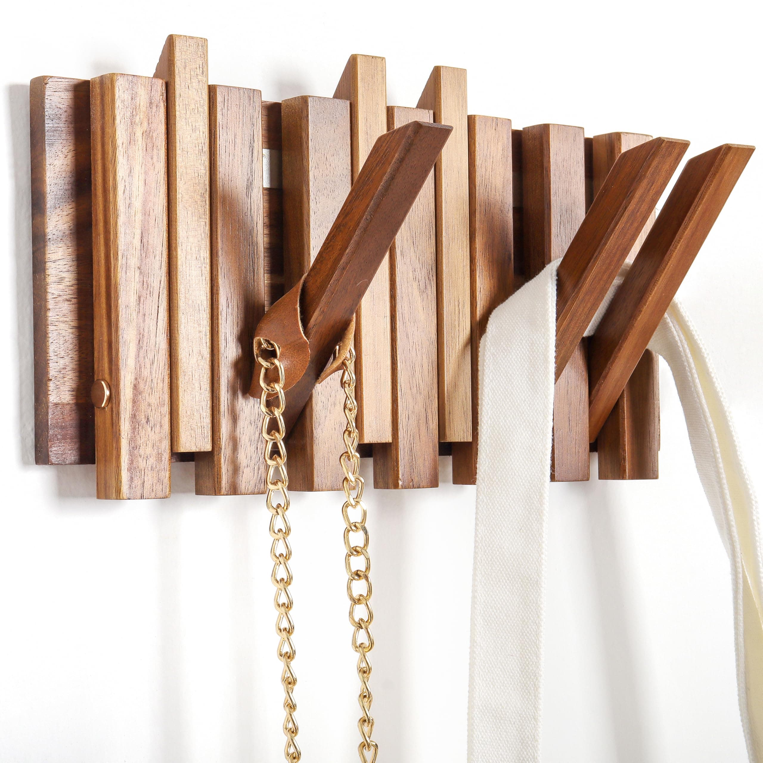 Rustic Wood Wall Coat Rack 6 Hooks 10.4inch Retractable Small Spaces