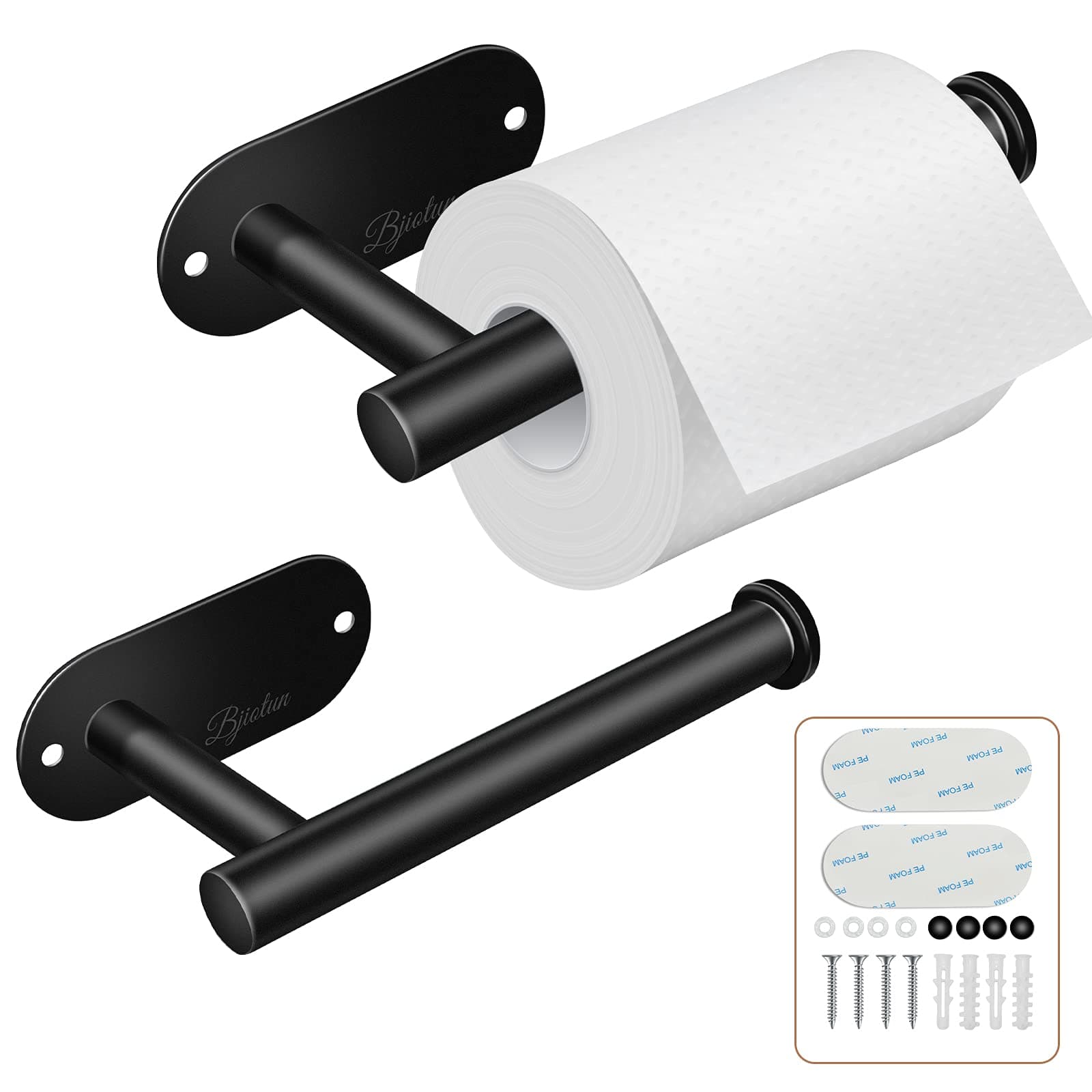 Bjiotun Black 2 Pack Toilet Paper Holder, Stainless Steel & Paper Towel Adhesive Mount