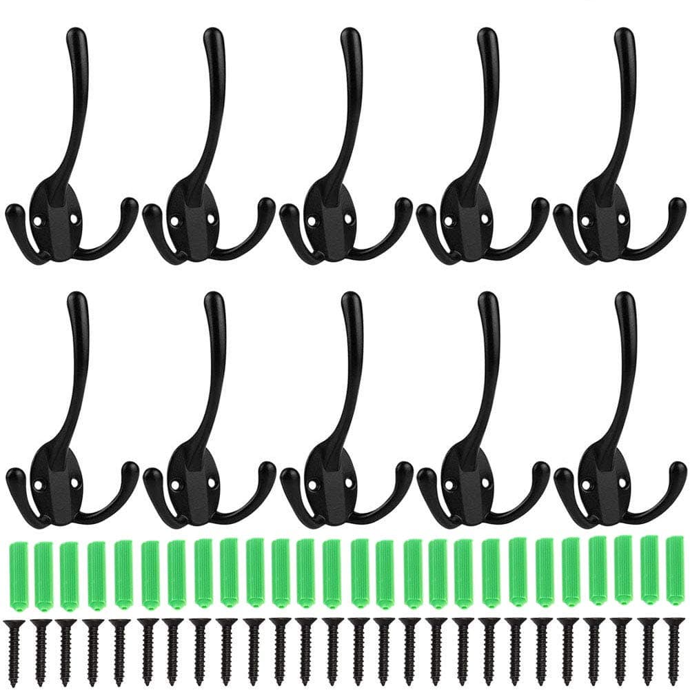 10 Pack Retro Double Utility Coat Hooks for Bath Kitchen Garage (3 Prongs, 50 Screws Included)