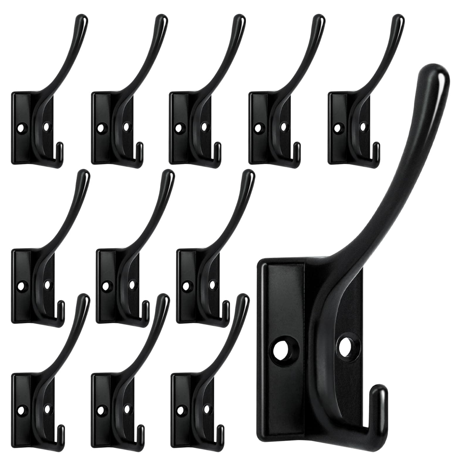 12-Pack Heavy Duty Black Wall Hooks with 24 Screws for Coats, Towels, Scarves