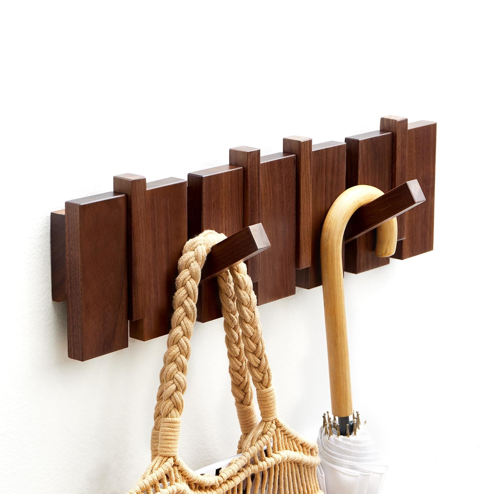 Walnut Wood Wall Mount Coat Rack with 6 Hooks