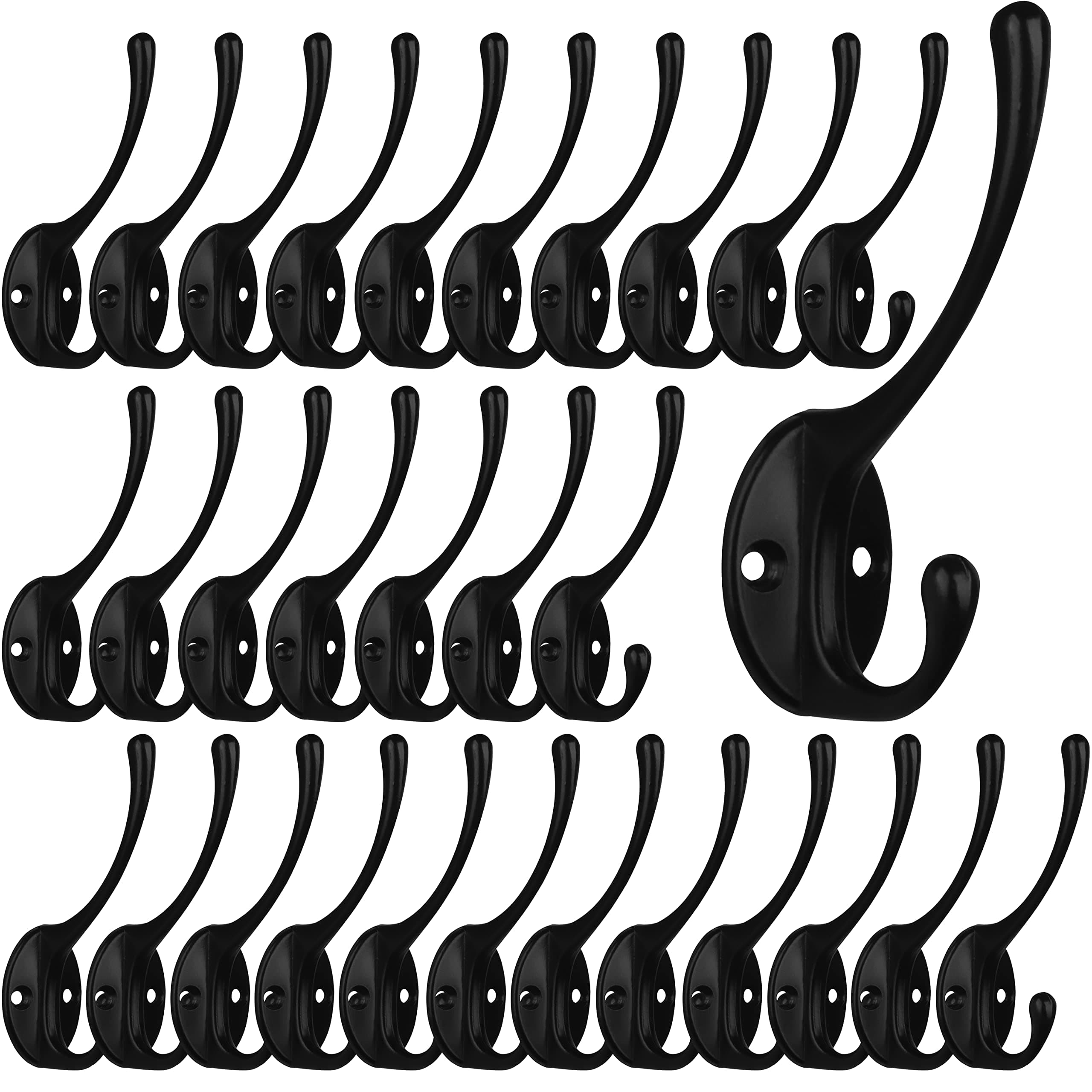 30 Pack Heavy Duty Dual Coat Hooks with 60 Screws - Black Wall Mounted Utility Hooks for Coats, Scarves, Bags, Towels, Keys, Caps, and Hats